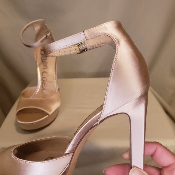 Sam Edelman Champagne Satin Platform Heels, Size 9. - Picture 3 of 9